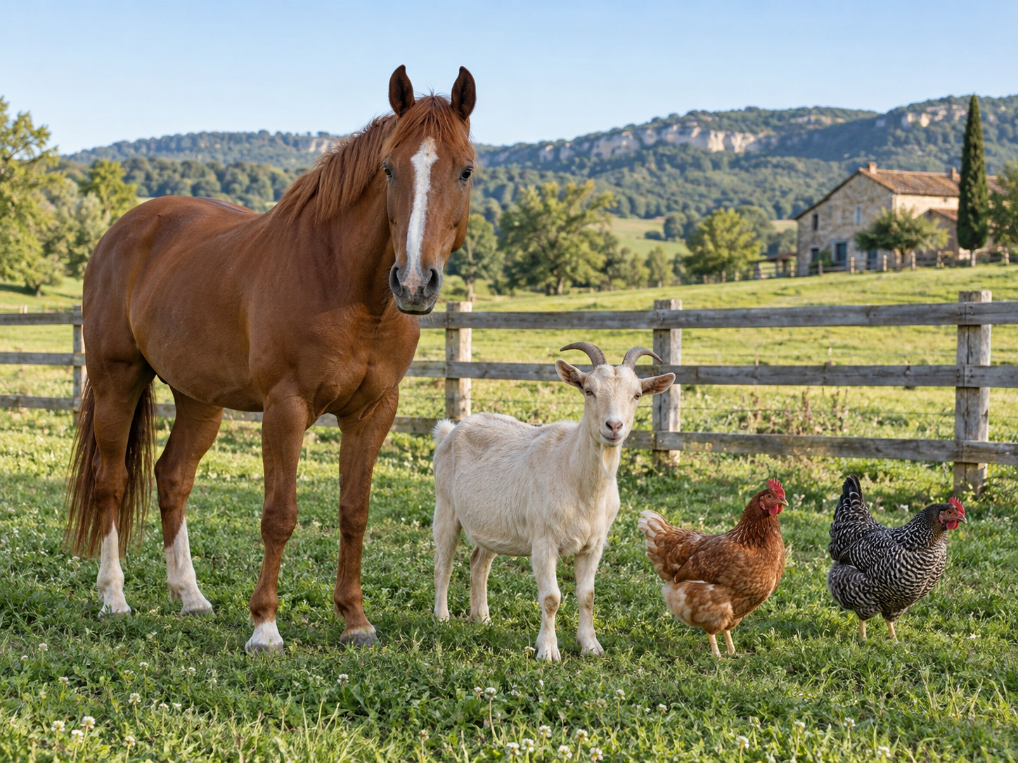 Un cheval, une chèvre et des poules dans une prairie