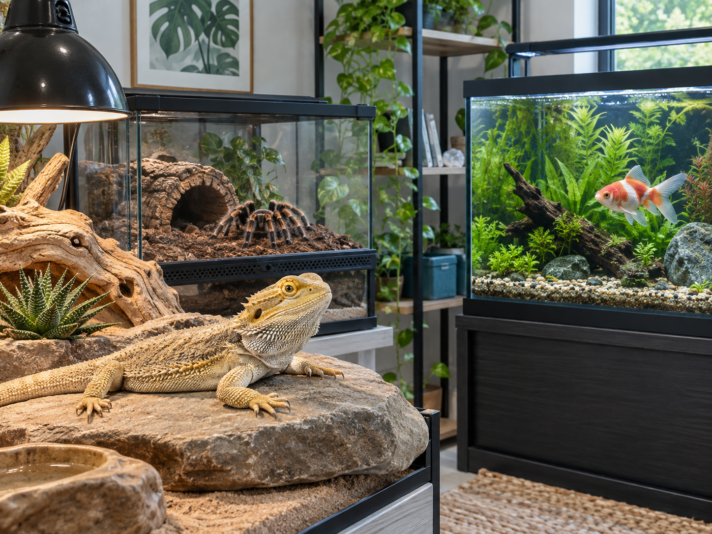 Un reptile, une mygale et un poisson dans leurs habitats adaptés