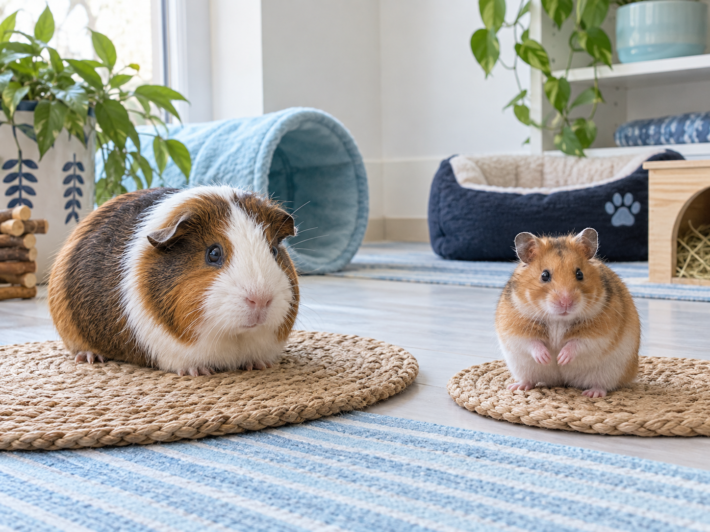 Un cochon d’Inde et un hamster dans un espace de vie soigné