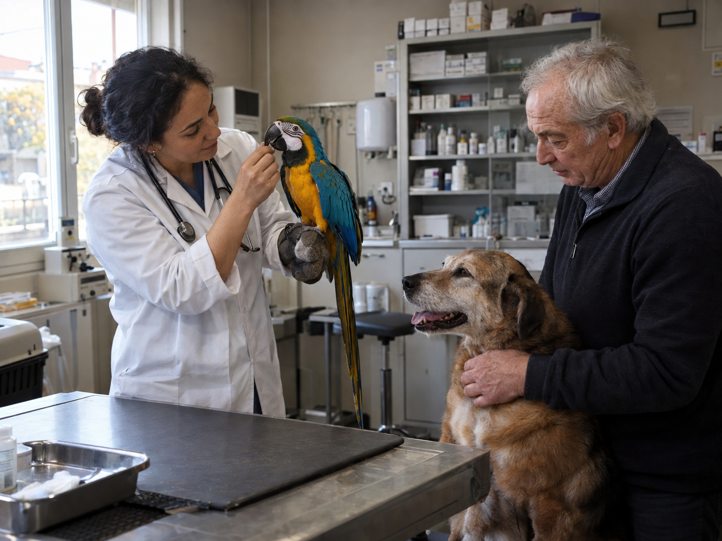 Une vétérinaire examine un perroquet auprès d’un propriétaire et de son chien âgé