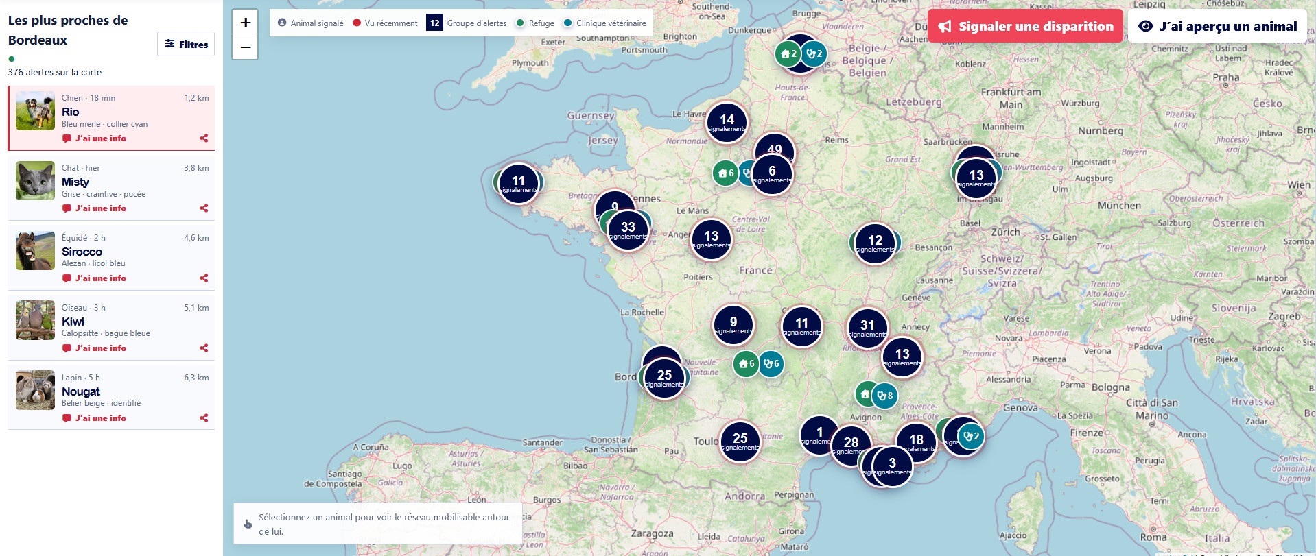 Carte nationale des alertes pour animaux perdus