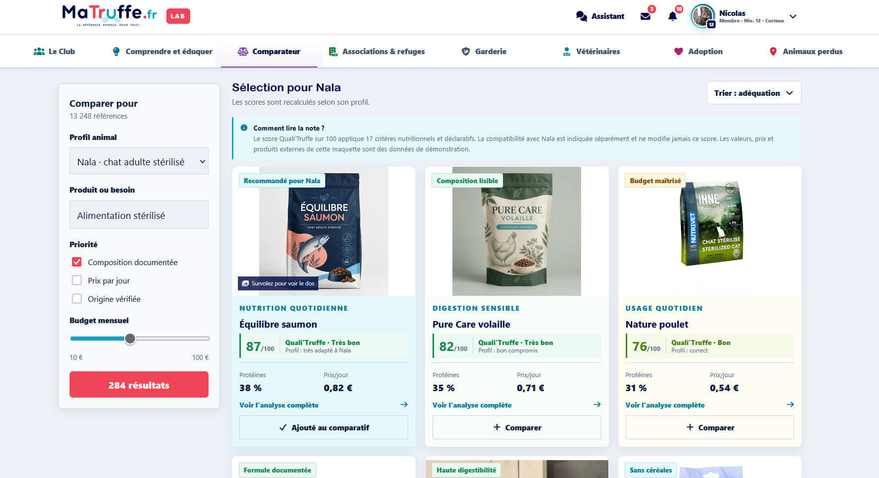 Comparateur alimentaire MaTruffe avec scores Quali’Truffe personnalisés