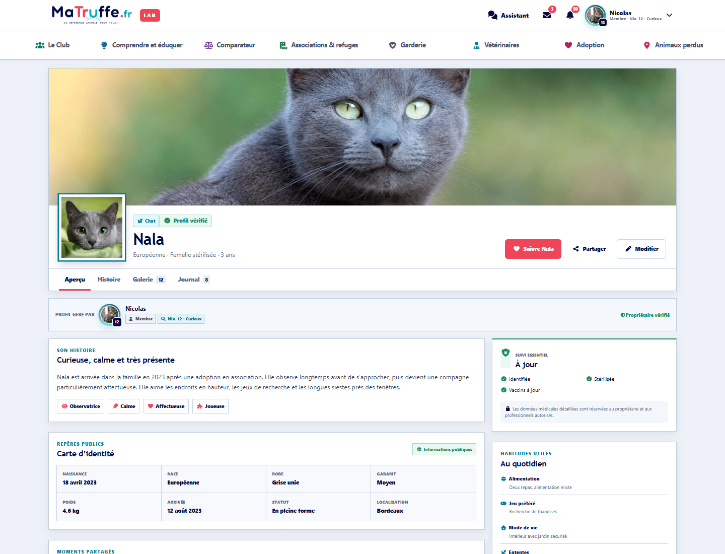 Le profil complet d’un animal sur MaTruffe