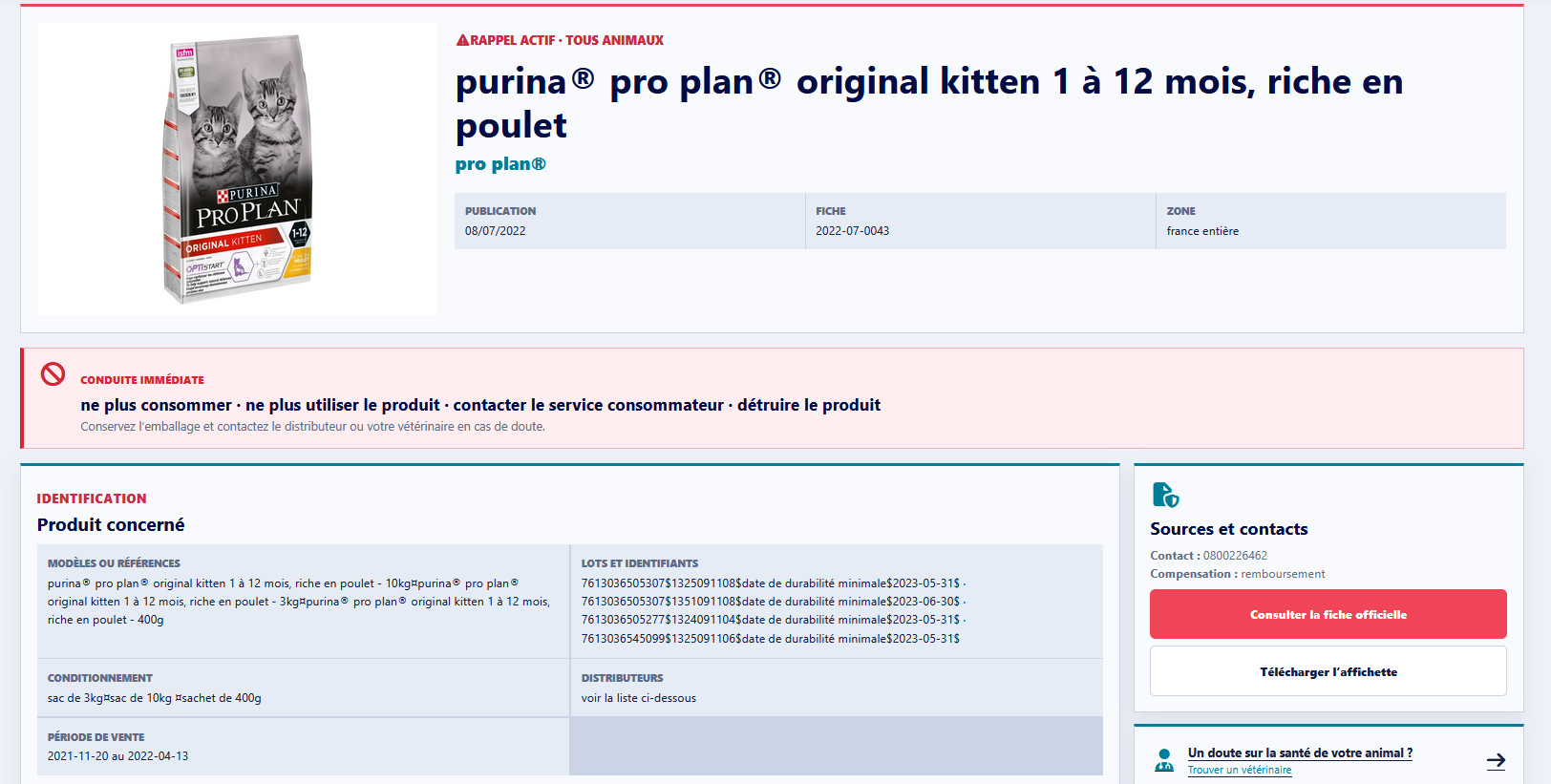 Fiche MaTruffe d’un rappel produit avec conduite immédiate, lots concernés et source officielle